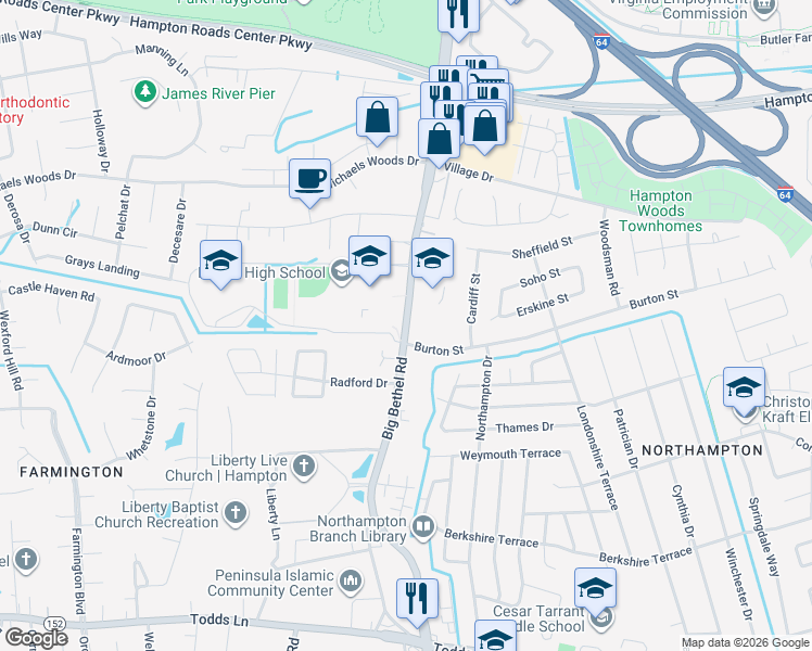 map of restaurants, bars, coffee shops, grocery stores, and more near 1067 Big Bethel Road in Hampton