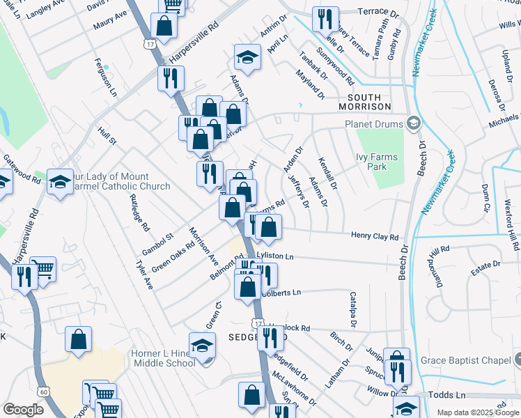 map of restaurants, bars, coffee shops, grocery stores, and more near 13 Ivy Farms Road in Newport News
