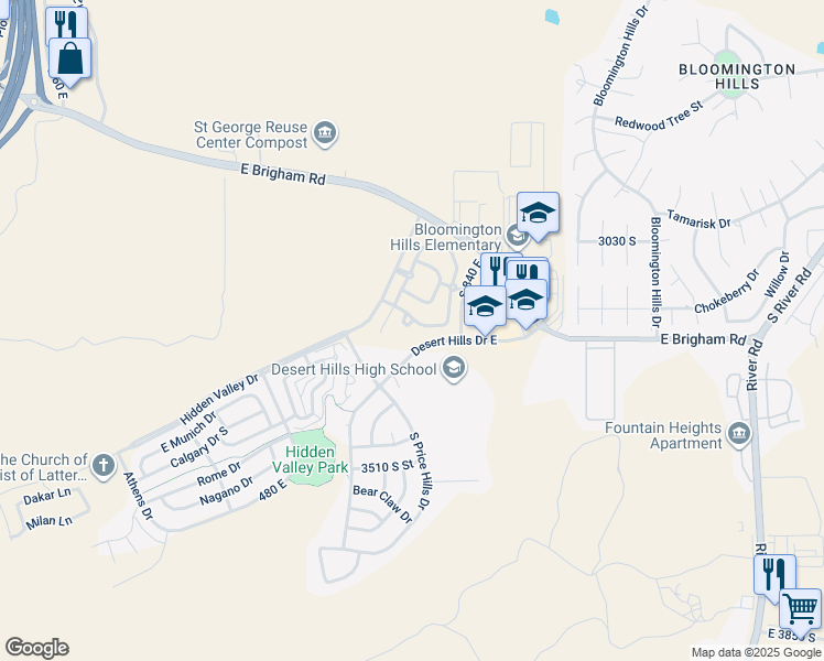 map of restaurants, bars, coffee shops, grocery stores, and more near 3155 South Hidden Valley Drive in St. George
