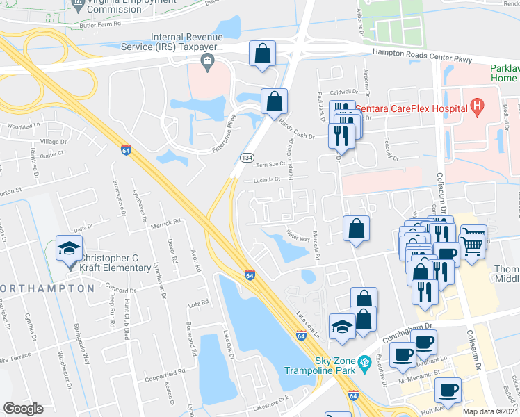 map of restaurants, bars, coffee shops, grocery stores, and more near 83 Wells Court in Hampton
