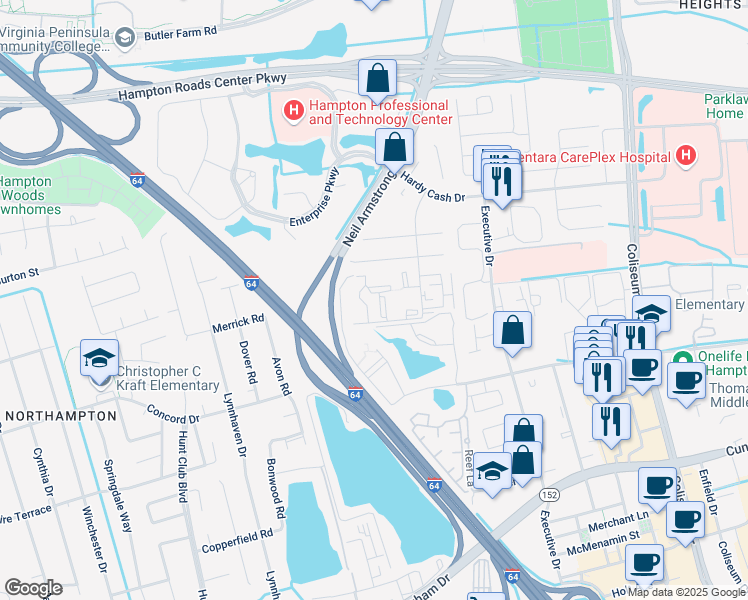 map of restaurants, bars, coffee shops, grocery stores, and more near 83 Wells Court in Hampton