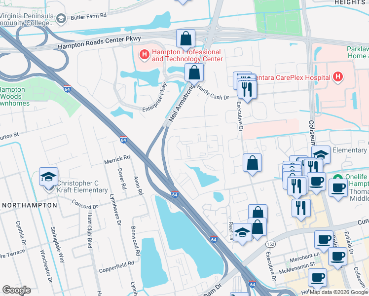 map of restaurants, bars, coffee shops, grocery stores, and more near 75 Wells Court in Hampton