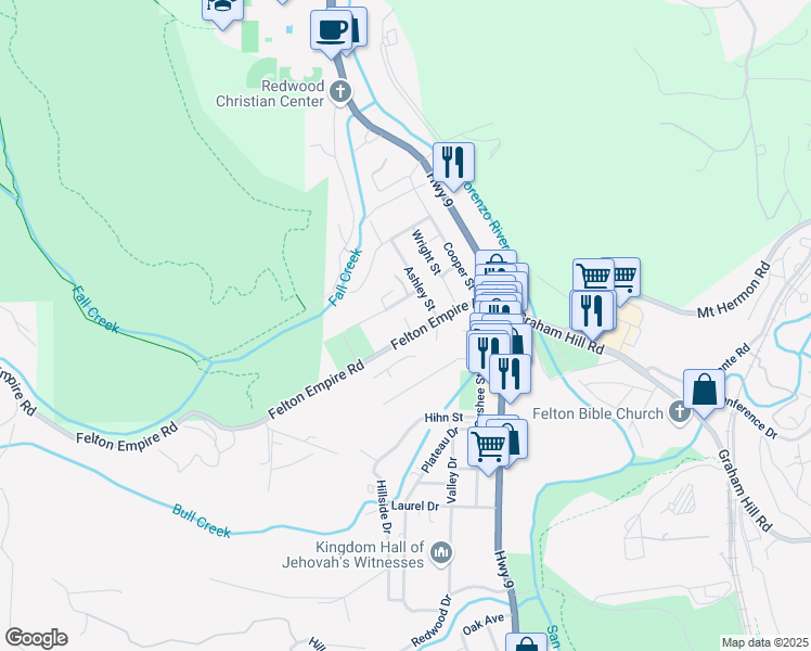 map of restaurants, bars, coffee shops, grocery stores, and more near 325 Blair Street in Felton