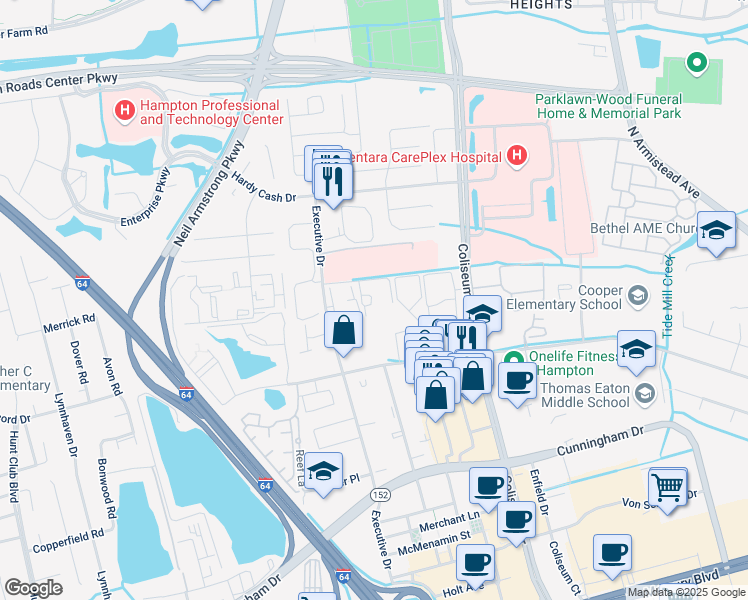 map of restaurants, bars, coffee shops, grocery stores, and more near 2230 Executive Drive in Hampton