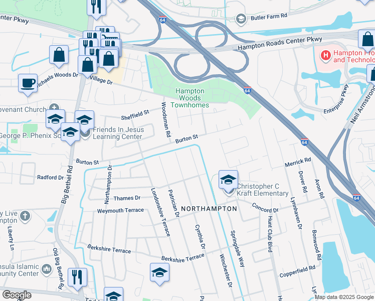 map of restaurants, bars, coffee shops, grocery stores, and more near 419 Winchester Drive in Hampton