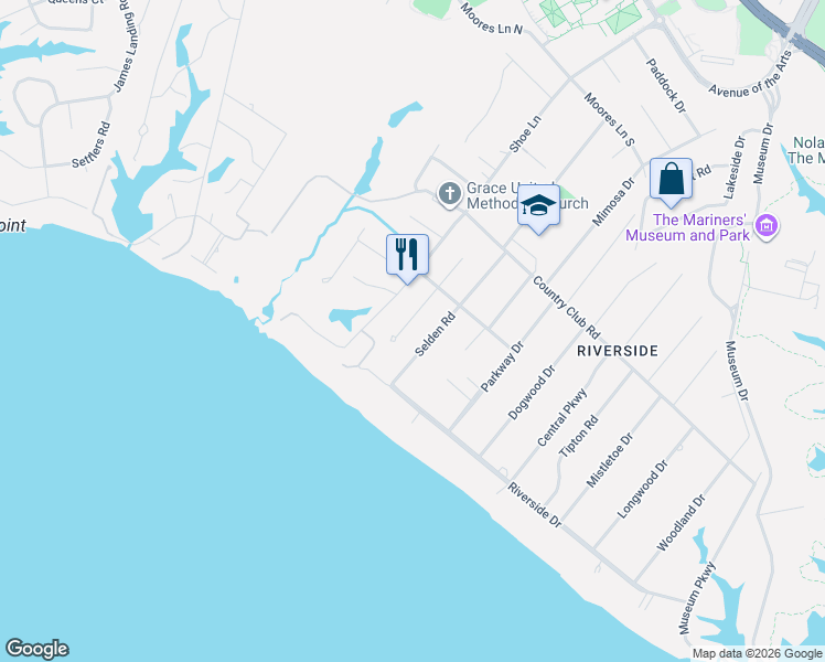 map of restaurants, bars, coffee shops, grocery stores, and more near 10 Sir Francis Wyatt Place in Newport News