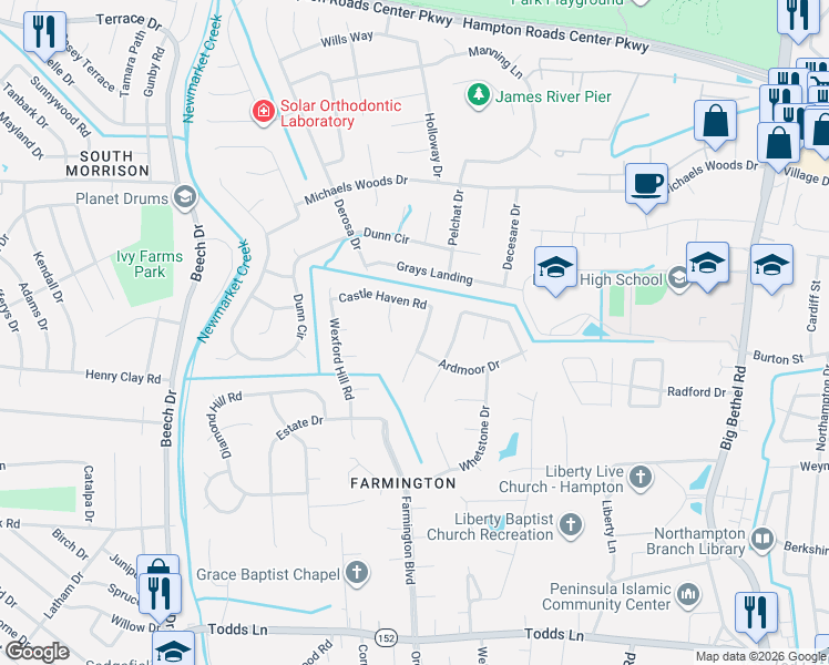 map of restaurants, bars, coffee shops, grocery stores, and more near 16 Castle Haven Road in Hampton