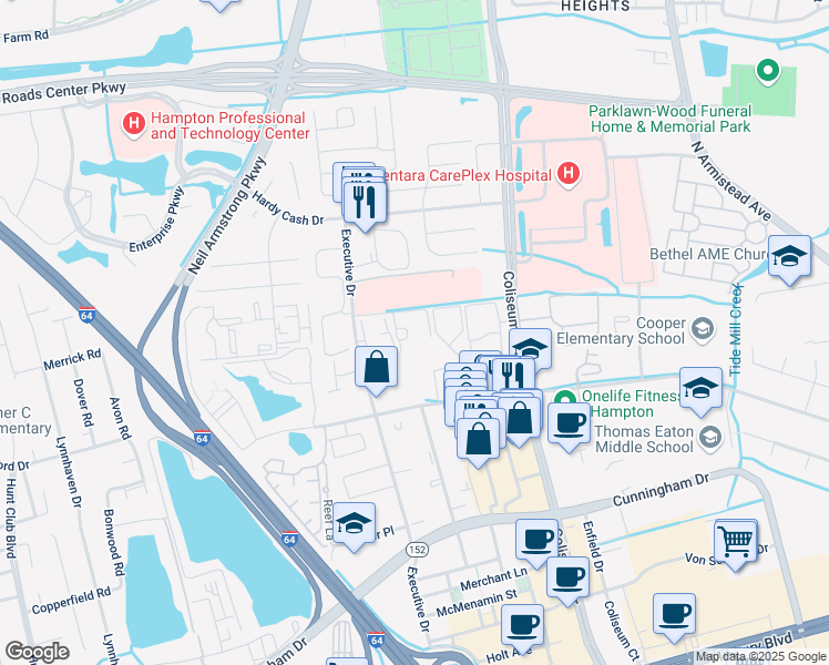 map of restaurants, bars, coffee shops, grocery stores, and more near 2230 Executive Drive in Hampton