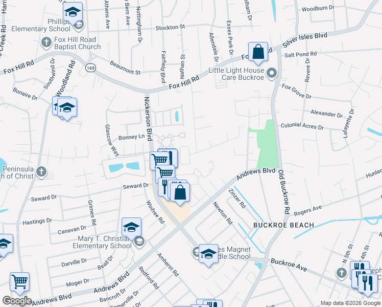 map of restaurants, bars, coffee shops, grocery stores, and more near 42 Eagles Landing in Hampton