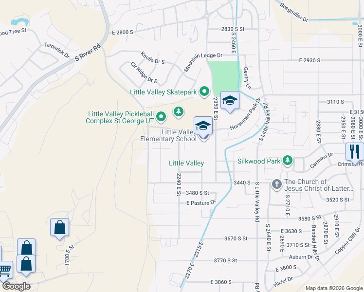 map of restaurants, bars, coffee shops, grocery stores, and more near 3287 2240 East Street in St. George