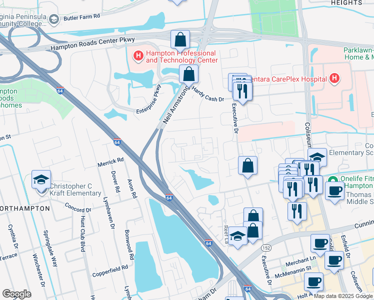 map of restaurants, bars, coffee shops, grocery stores, and more near 86 Wells Court in Hampton