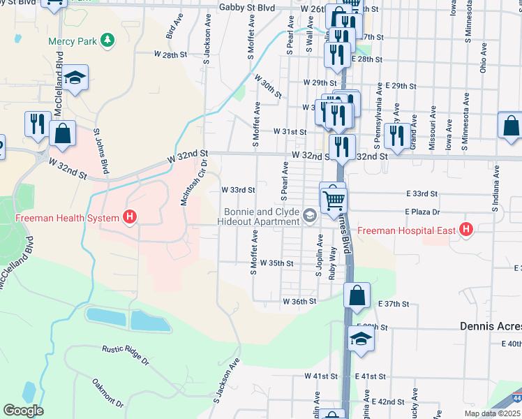 map of restaurants, bars, coffee shops, grocery stores, and more near 3321 South Moffet Avenue in Joplin