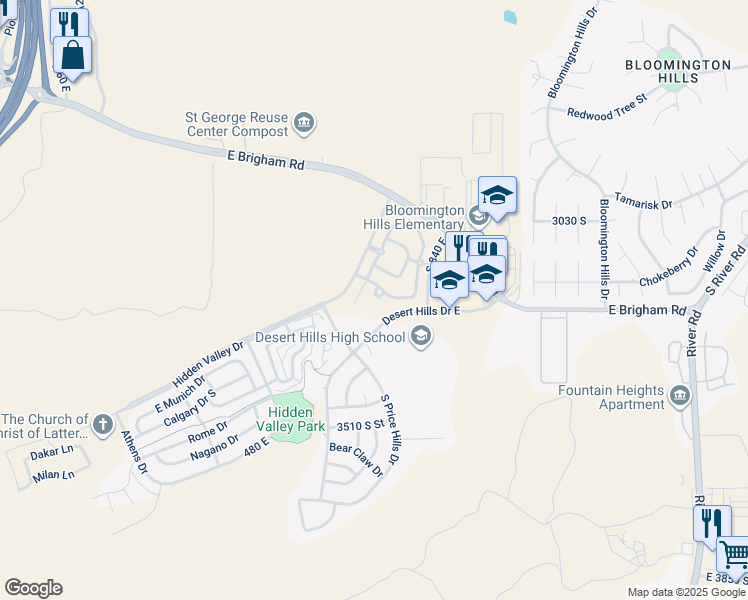 map of restaurants, bars, coffee shops, grocery stores, and more near 3155 South Hidden Valley Drive in St. George