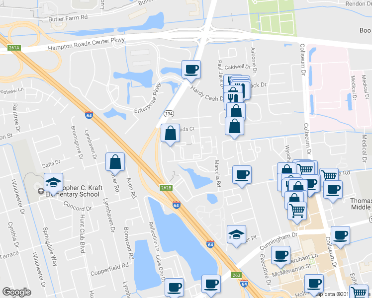 map of restaurants, bars, coffee shops, grocery stores, and more near 86 Wells Court in Hampton