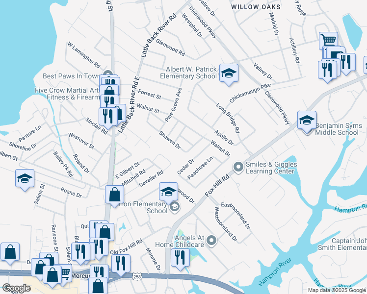 map of restaurants, bars, coffee shops, grocery stores, and more near 323 Shawen Drive in Hampton