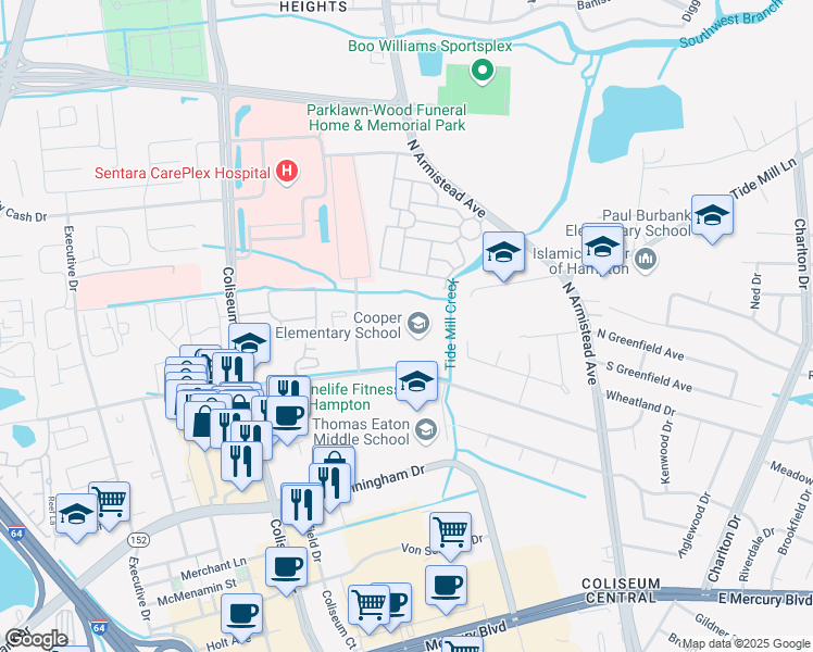 map of restaurants, bars, coffee shops, grocery stores, and more near 200 Marcella Road in Hampton