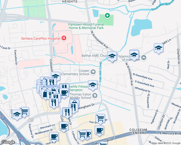 map of restaurants, bars, coffee shops, grocery stores, and more near 200 Marcella Road in Hampton
