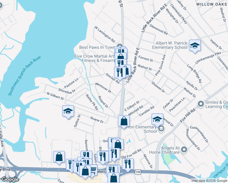 map of restaurants, bars, coffee shops, grocery stores, and more near 8 Rebel Street in Hampton