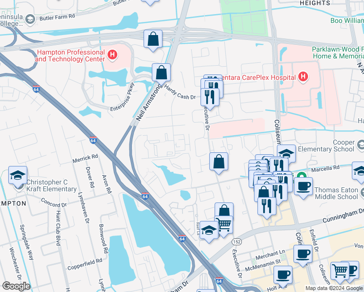 map of restaurants, bars, coffee shops, grocery stores, and more near 208 Pacific Drive in Hampton