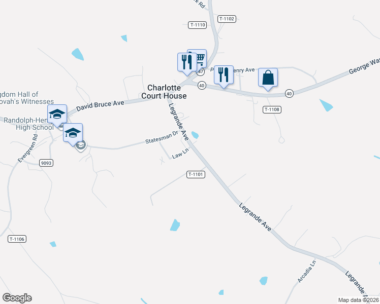 map of restaurants, bars, coffee shops, grocery stores, and more near 300 Legrande Avenue in Charlotte Court House