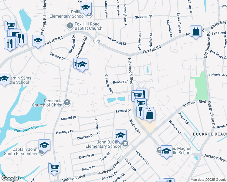 map of restaurants, bars, coffee shops, grocery stores, and more near 80 Glascow Way in Hampton