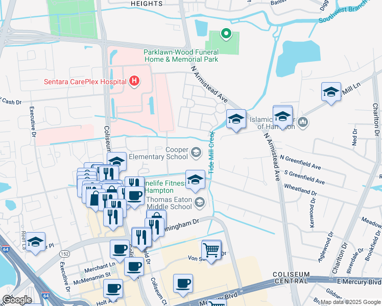 map of restaurants, bars, coffee shops, grocery stores, and more near 200 Marcella Road in Hampton
