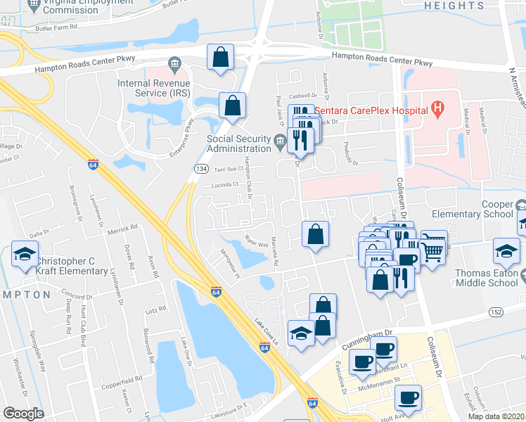 map of restaurants, bars, coffee shops, grocery stores, and more near 24 Pacific Drive in Hampton