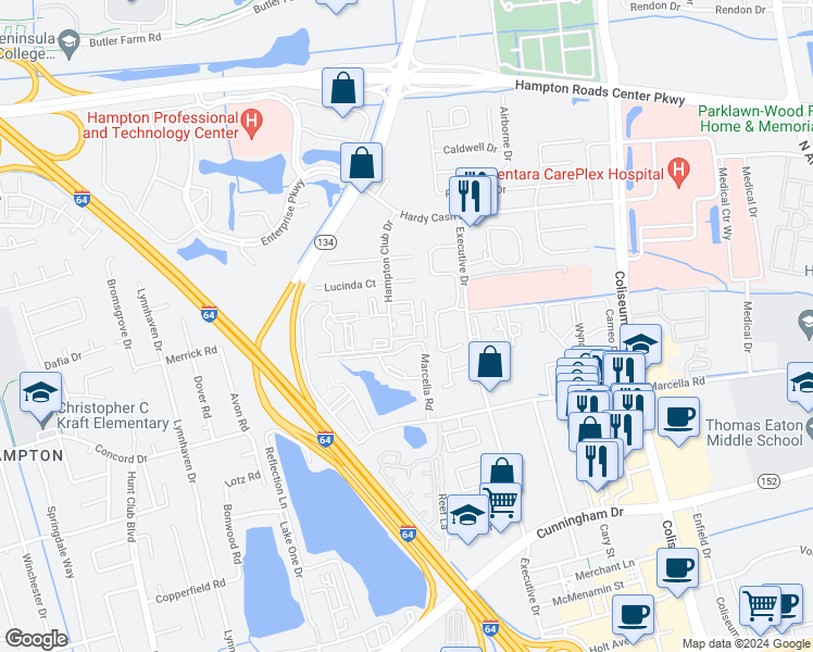 map of restaurants, bars, coffee shops, grocery stores, and more near 24 Pacific Drive in Hampton