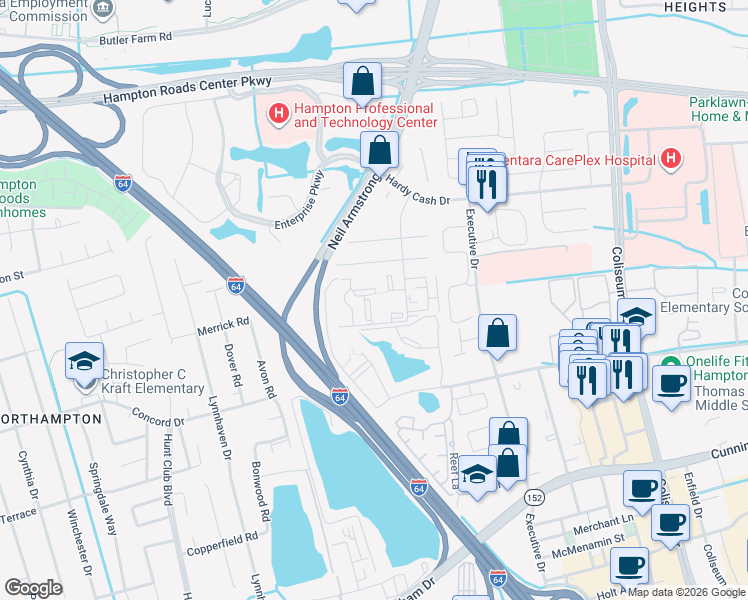 map of restaurants, bars, coffee shops, grocery stores, and more near 131 Haverford Court in Hampton
