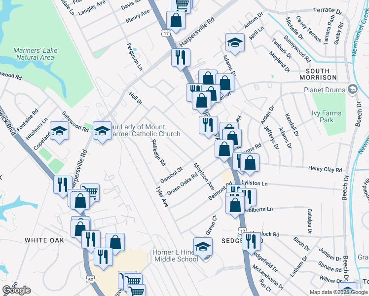 map of restaurants, bars, coffee shops, grocery stores, and more near 43 Morrison Avenue in Newport News