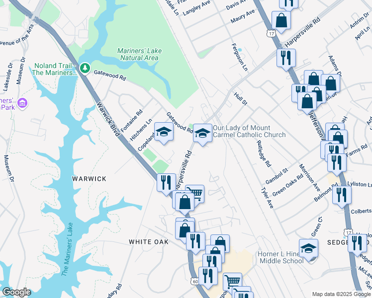 map of restaurants, bars, coffee shops, grocery stores, and more near 49 Harpersville Road in Newport News