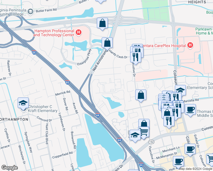 map of restaurants, bars, coffee shops, grocery stores, and more near 92 Wells Court in Hampton
