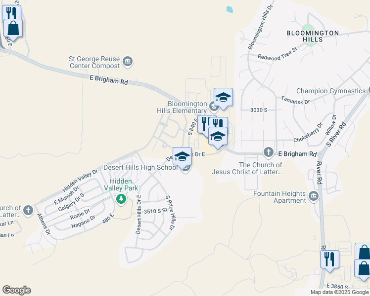 map of restaurants, bars, coffee shops, grocery stores, and more near 3155 South Hidden Valley Drive in St. George