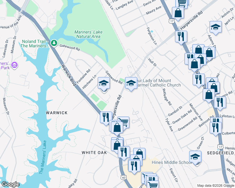 map of restaurants, bars, coffee shops, grocery stores, and more near 49 Harpersville Road in Newport News