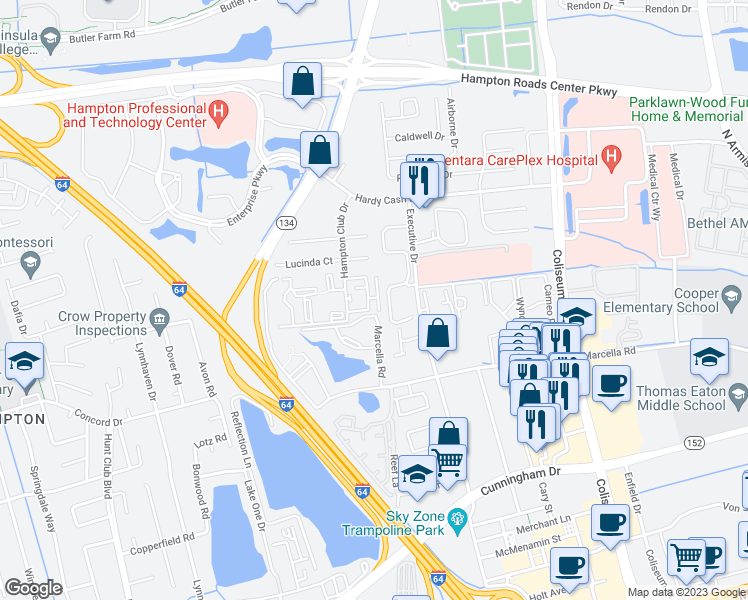 map of restaurants, bars, coffee shops, grocery stores, and more near 203 Pacific Drive in Hampton