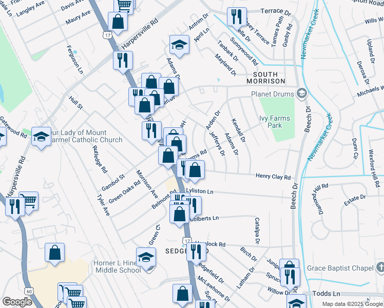 map of restaurants, bars, coffee shops, grocery stores, and more near 13 Ivy Farms Road in Newport News