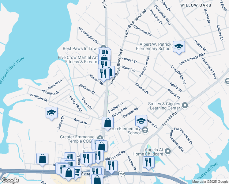 map of restaurants, bars, coffee shops, grocery stores, and more near 32 Macalva Drive in Hampton