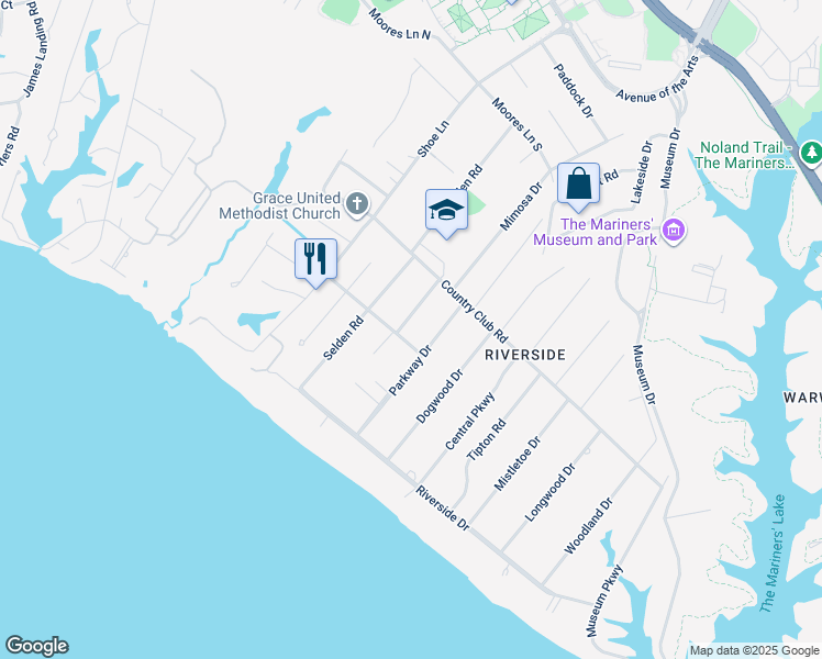 map of restaurants, bars, coffee shops, grocery stores, and more near 202 Anne Burras Lane in Newport News