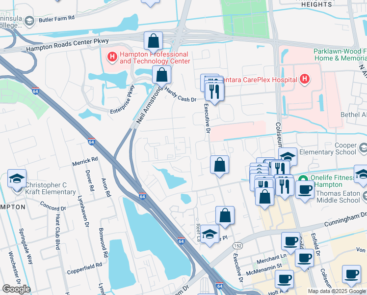 map of restaurants, bars, coffee shops, grocery stores, and more near 214 Pacific Drive in Hampton