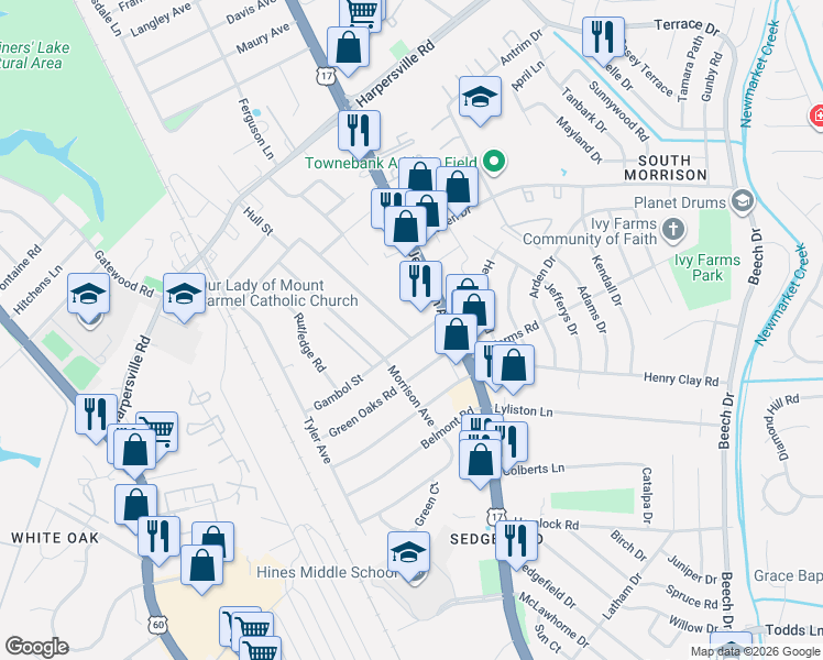 map of restaurants, bars, coffee shops, grocery stores, and more near 129 Hull Street in Newport News