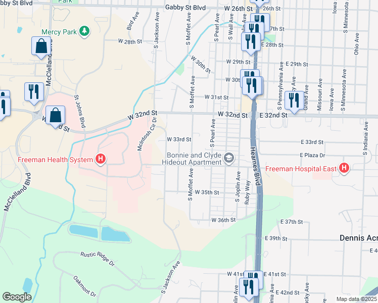 map of restaurants, bars, coffee shops, grocery stores, and more near 3301-3399 South Sergeant Avenue in Joplin
