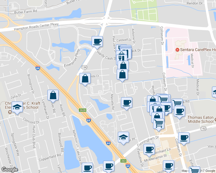 map of restaurants, bars, coffee shops, grocery stores, and more near 214 Pacific Drive in Hampton