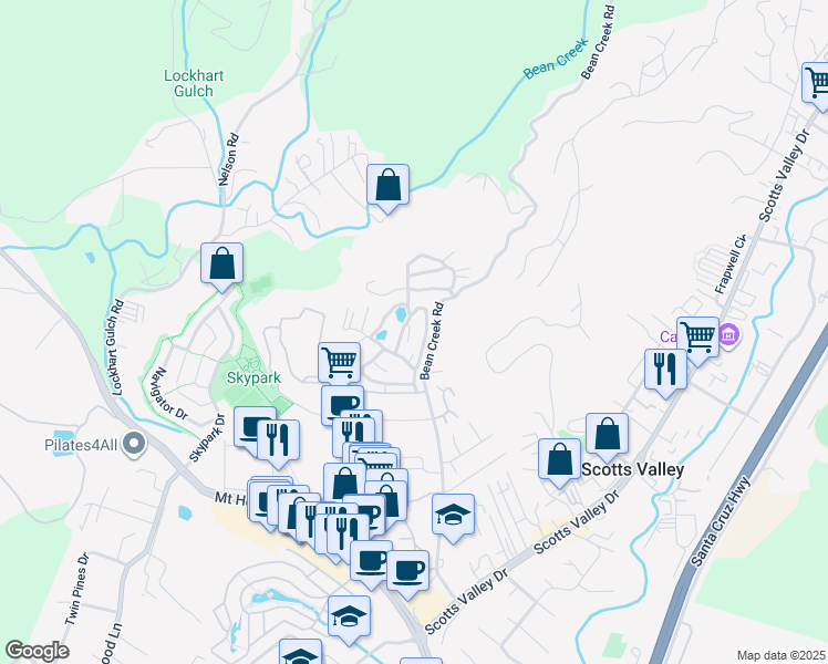 map of restaurants, bars, coffee shops, grocery stores, and more near 552 Bean Creek Road in Scotts Valley
