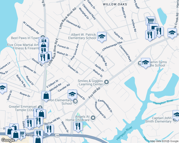 map of restaurants, bars, coffee shops, grocery stores, and more near 348 Shawen Drive in Hampton