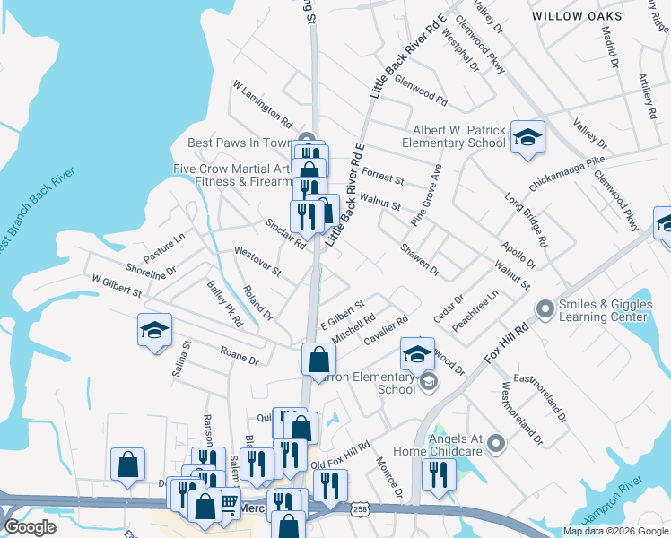 map of restaurants, bars, coffee shops, grocery stores, and more near 40 Mac Alva Drive in Hampton