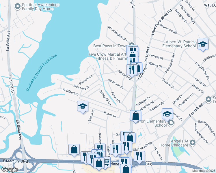 map of restaurants, bars, coffee shops, grocery stores, and more near 40 Westover Street in Hampton