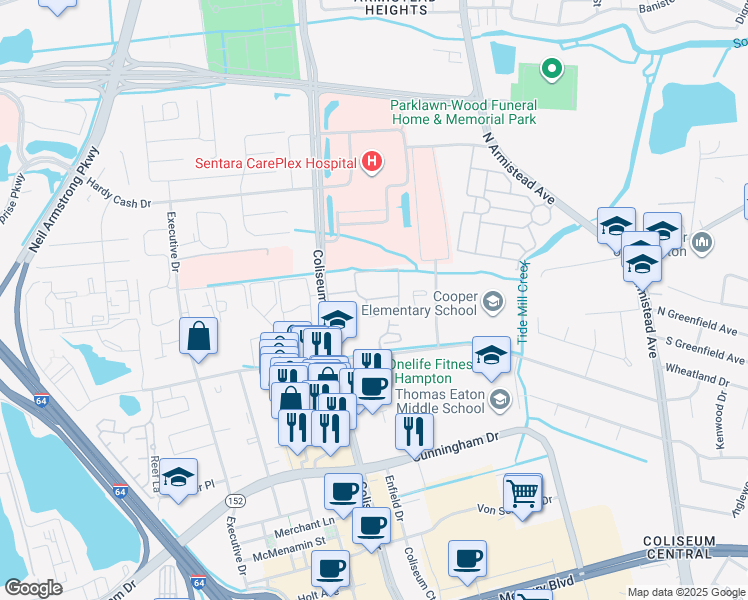 map of restaurants, bars, coffee shops, grocery stores, and more near 101 Signature Way in Hampton