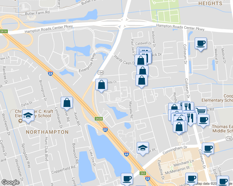 map of restaurants, bars, coffee shops, grocery stores, and more near 131 Haverford Court in Hampton