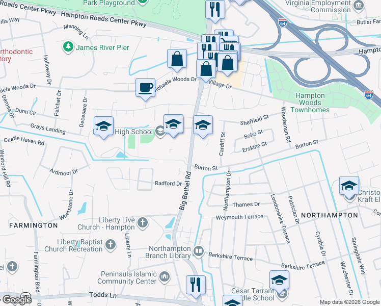 map of restaurants, bars, coffee shops, grocery stores, and more near 1062 Big Bethel Road in Hampton