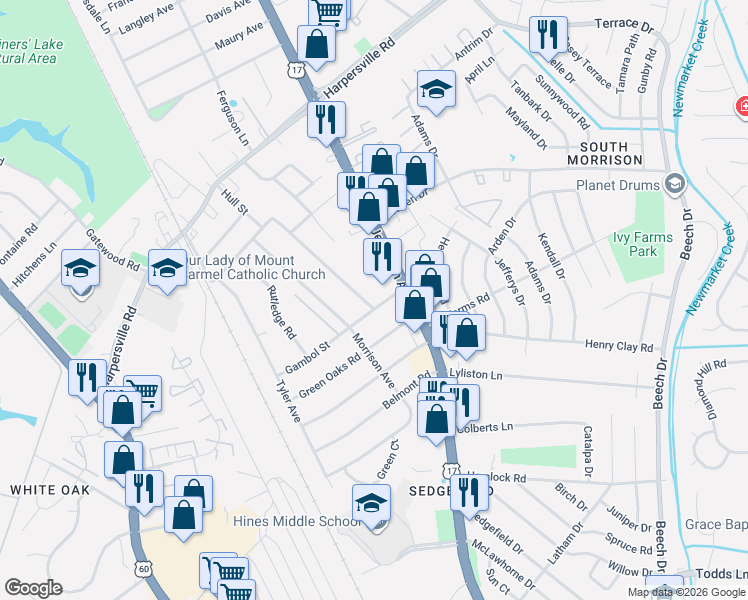 map of restaurants, bars, coffee shops, grocery stores, and more near 129 Hull Street in Newport News